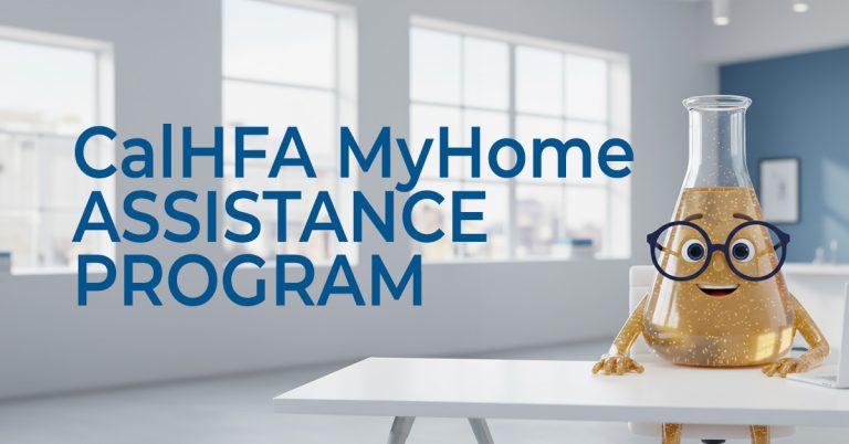 Solution Sam sitting at a desk with the words CalHFA MyHome Assistance Program in large font next to him
