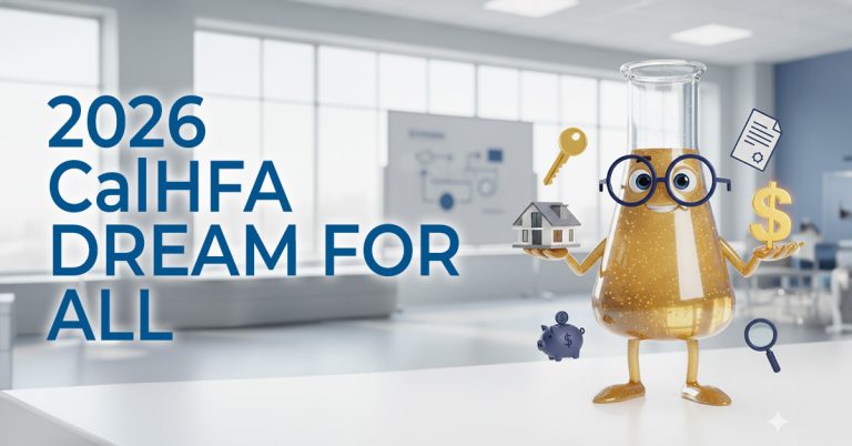 Solution Sam surrounded by several items related to a first-time home purchase and the CalHFA Dream For All lottery.