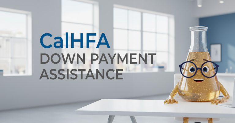 Solution Sam sitting at a desk with the words CalHFA Down Payment Assistance in large font next to him