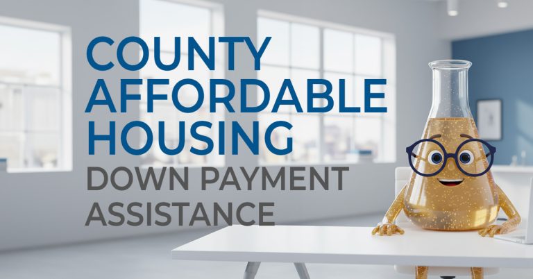Solution Sam sitting at a desk with the words County Affordable Housing Down Payment Assistance in large font next to him