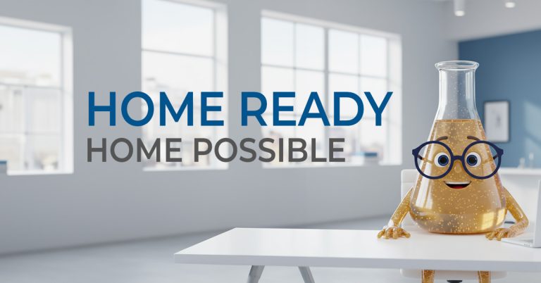 Solution Sam sitting at a desk with the words Home Ready and Home Possible in large font next to him