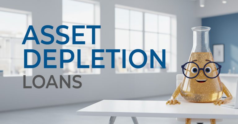 Solution Sam sitting at a desk with the words Asset Depletion Loans in large font next to him