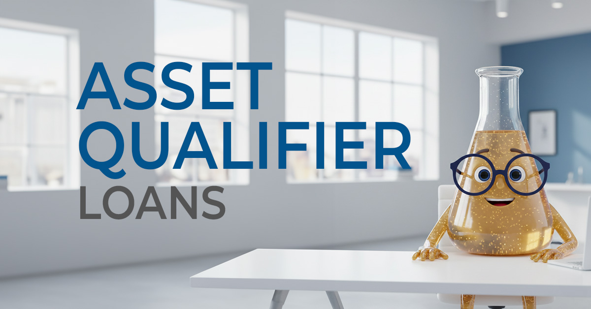 Solution Sam sitting at a desk with the words Asset Qualifier Loans in large font next to him