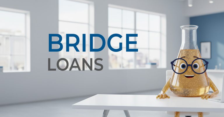 Solution Sam sitting at a desk with the words Bridge Loans in large font next to him