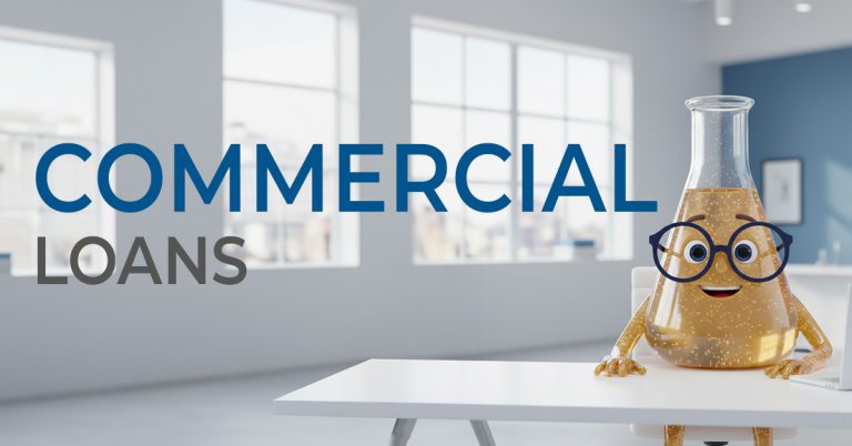 Solution Sam sitting at a desk with the words Commercial Loans in large font next to him