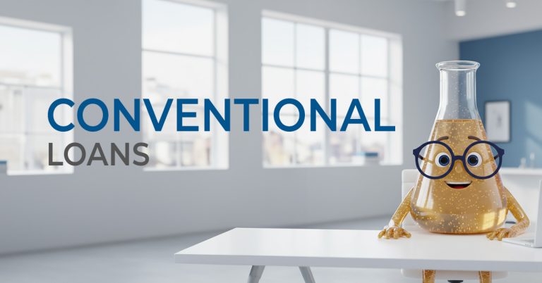 Solution Sam sitting at a desk with the words Conventional Loans in large font next to him