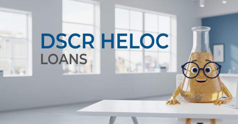 Solution Sam sitting at a desk with the words Investment DSCR HELOC Loans in large font next to him