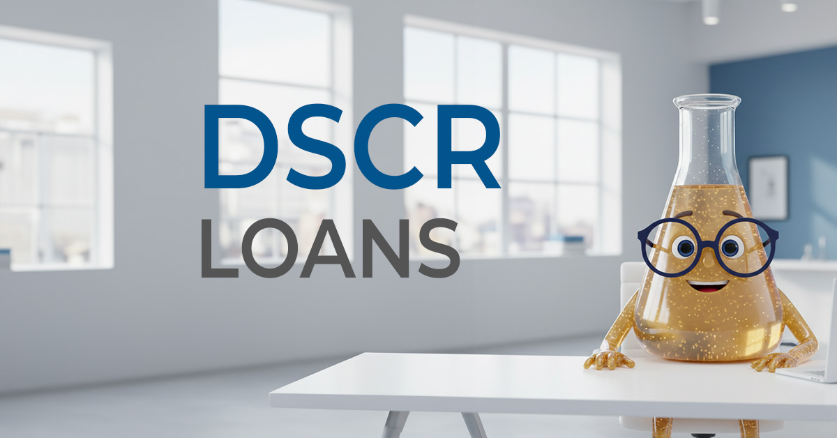 Solution Sam sitting at a desk with the words DSCR Loans in large font next to him