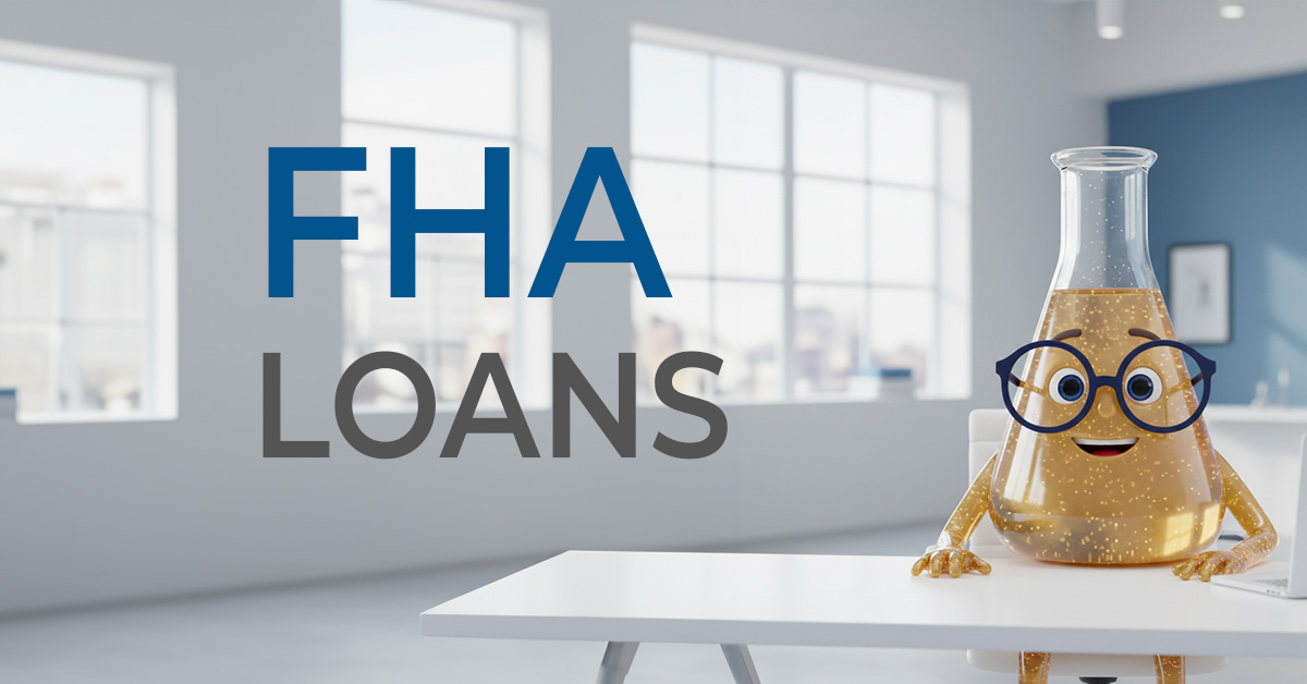 Solution Sam sitting at a desk with the words FHA Loans in large font next to him