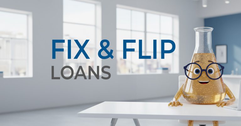 Solution Sam sitting at a desk with the words Fix & Flip Loans in large font next to him