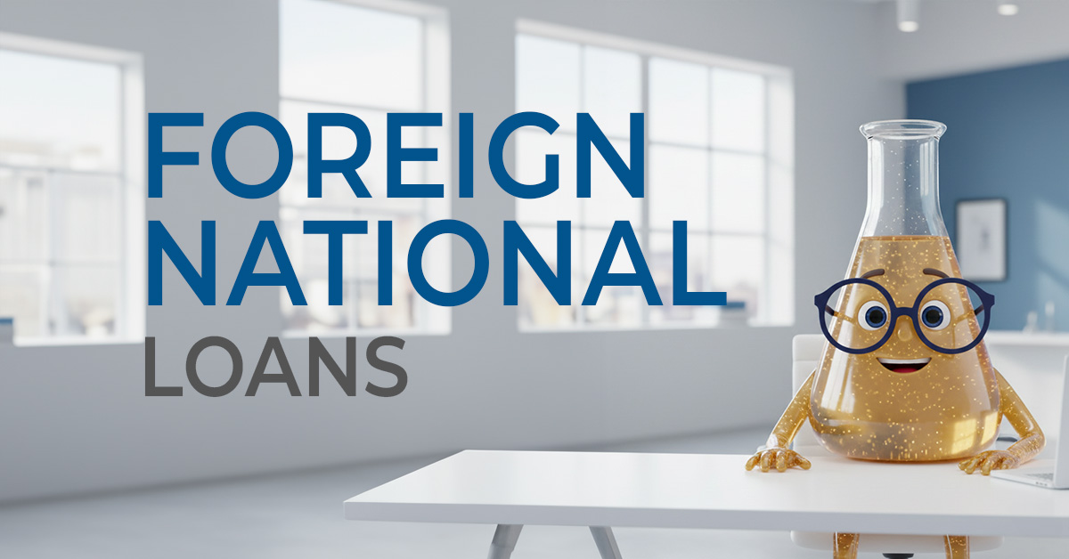 Solution Sam sitting at a desk with the words Foreign National Loans in large font next to him