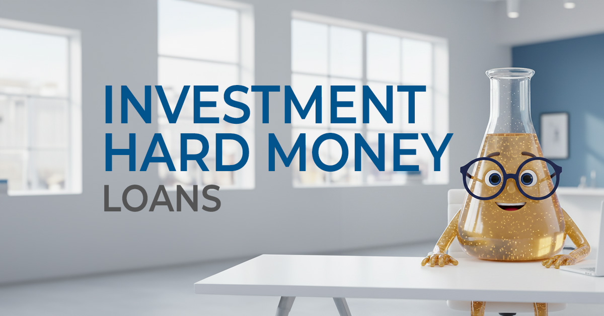 Solution Sam sitting at a desk with the words Investment Hard Money Loans in large font next to him
