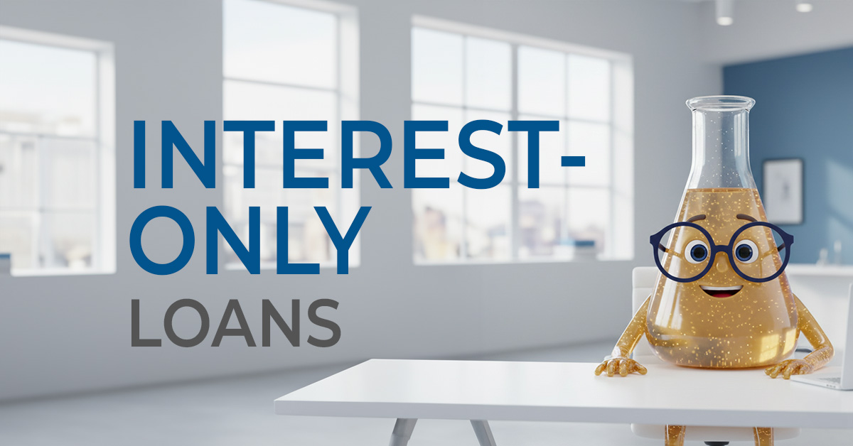 Solution Sam sitting at a desk with the words Interest-Only Loans in large font next to him