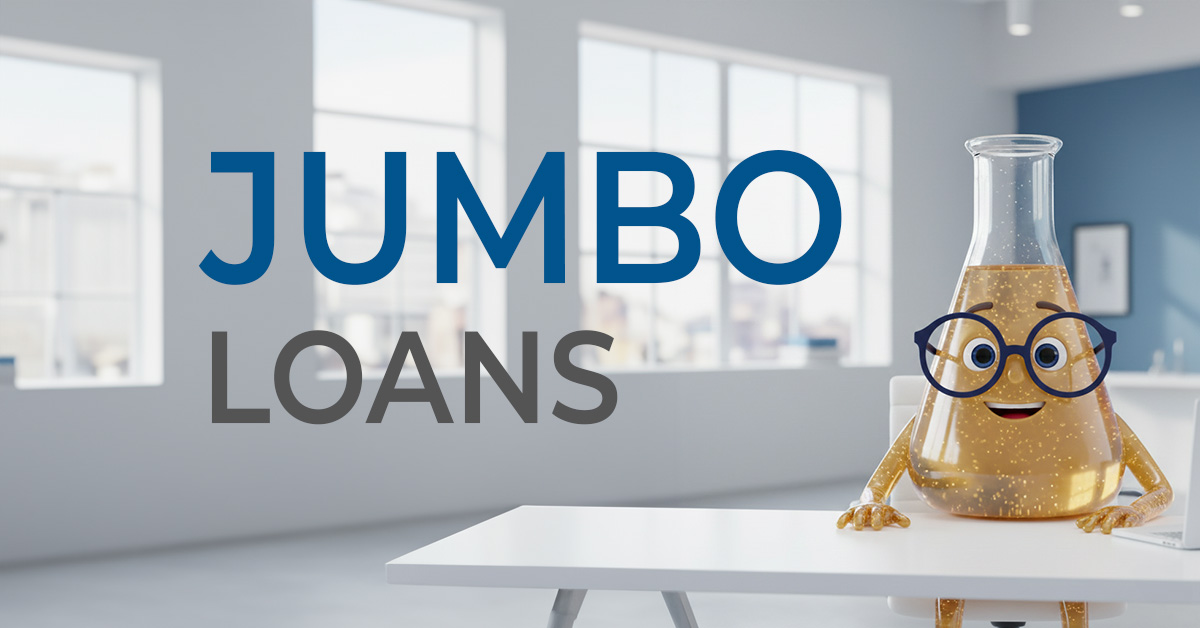Solution Sam sitting at a desk with the words Jumbo Loans in large font next to him