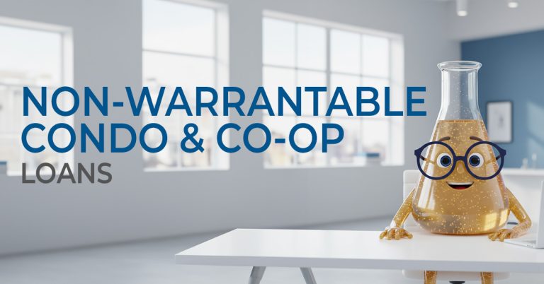 Solution Sam sitting at a desk with the words Non-warrantable Condo and Co-op Loans in large font next to him