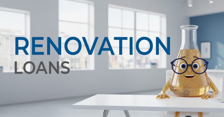Solution Sam sitting at a desk with the words Renovation Loans in large font next to him