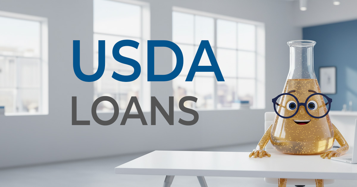 Solution Sam sitting at a desk with the words USDA Loans in large font next to him