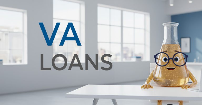 Solution Sam sitting at a desk with the words VA Loans in large font next to him