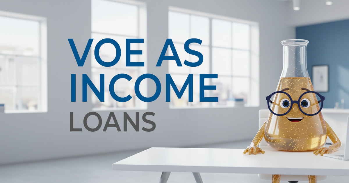 Solution Sam sitting at a desk with the words VOE as Income Loans in large font next to him