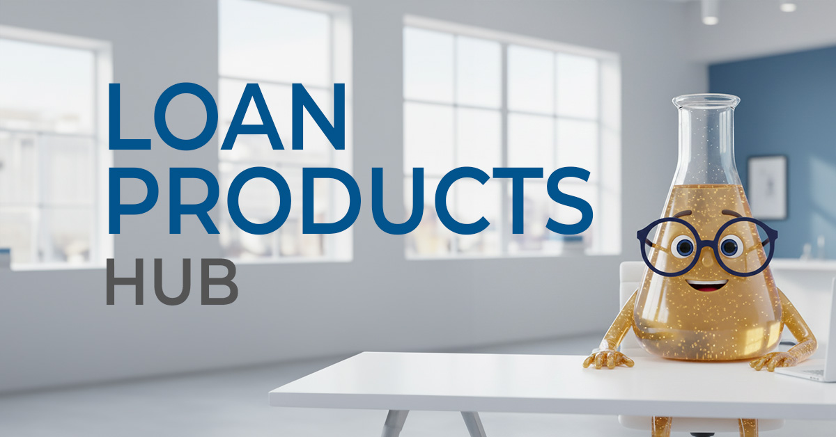 Solution Sam sitting at a desk with the words Loan Products Hub in large font next to him