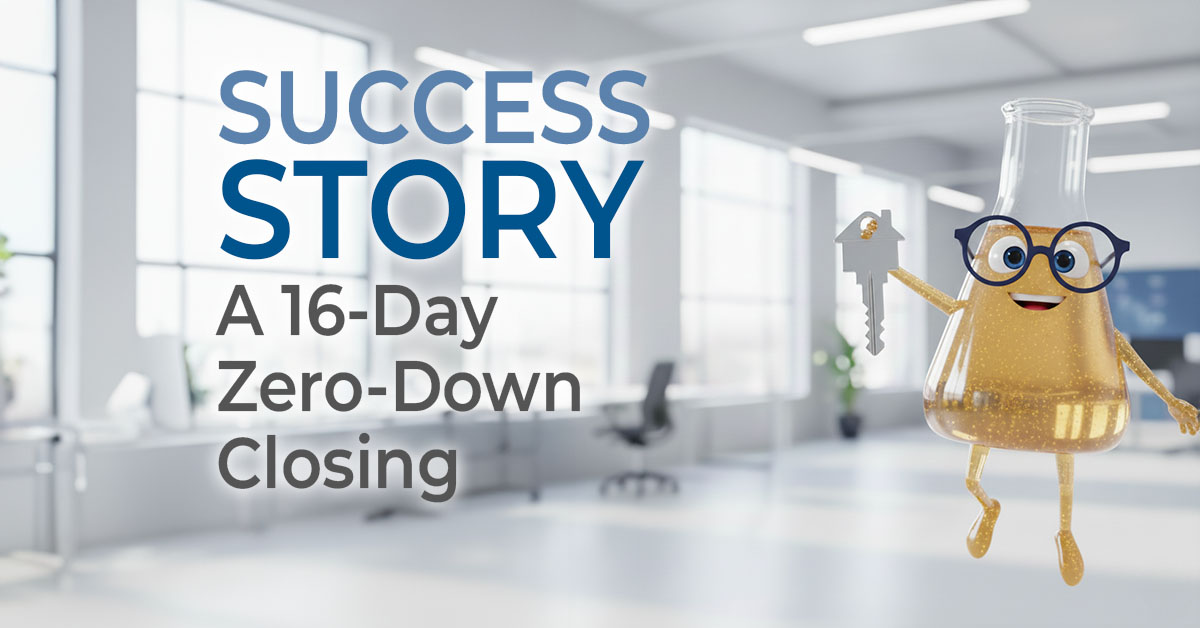 Solution Sam holding a house key next to the words Success Story A 16-Day Zero-Down Closing