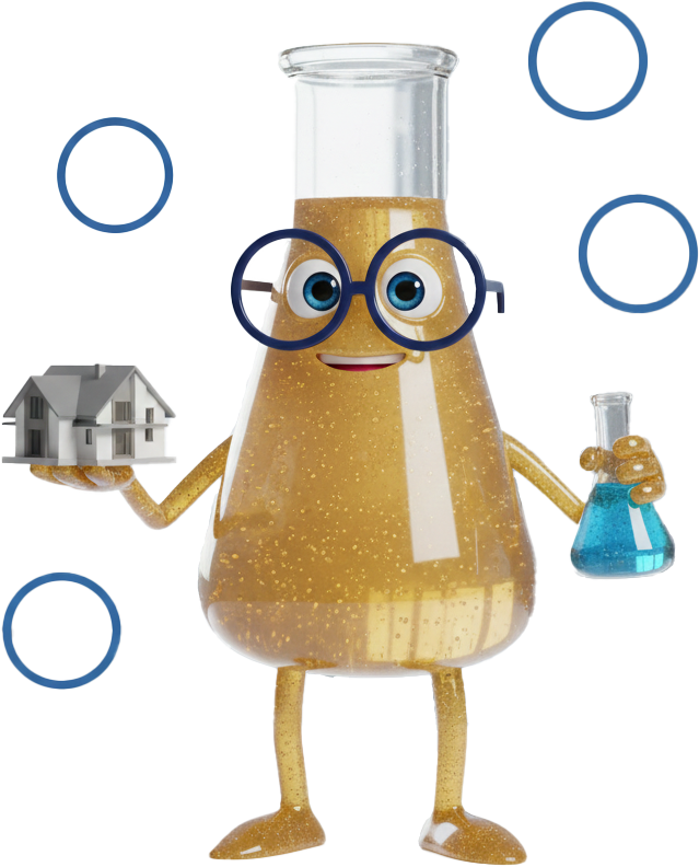 Solution Sam holding a house model and a flask surrounded by empty circles.