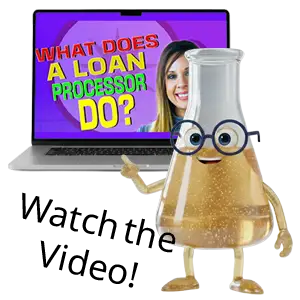 Image of Solution Sam pointing to a laptop with a thumbnail for a video that explains what a loan processor does.