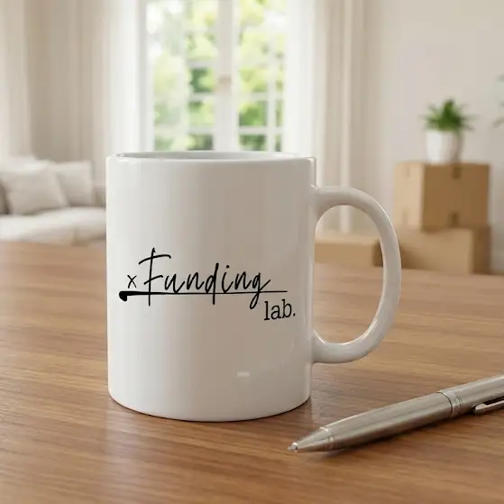 Branded Funding Lab coffee mug and silver pen on a clean wooden desk, with a bright blurred home background.