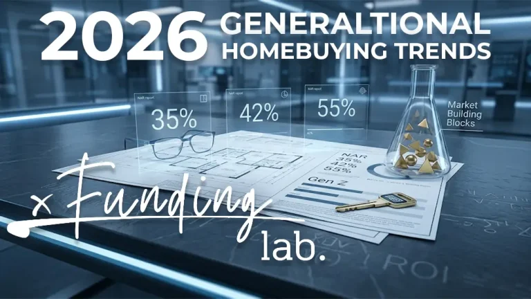 A high-tech laboratory desk featuring architectural blueprints with holographic data overlays of percentages, an Erlenmeyer flask filled with gold geometric shapes, and a gold house key.