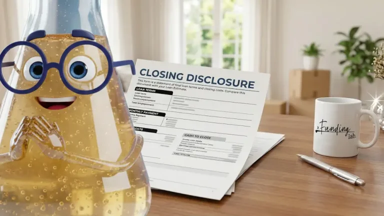 Closing Disclosure document, pen, and mug with The Funding Lab logo on a wooden desk with a bright, home-background and Solution Sam smiling with his hands clasped in the foreground.