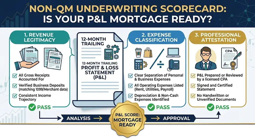 A detailed infographic showing the non-QM underwriting prerequisites for a mortgage ready Profit and Loss statement, including revenue legitimacy and CPA certification at The Funding Lab.