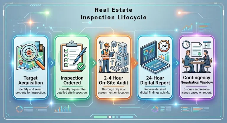 Infographic timeline showing the 5-step property inspection and due diligence process: Target Acquisition, Inspection Ordered, 2-4 Hour On-Site Audit, 24-Hour Digital Report, and Contingency Negotiation Window.