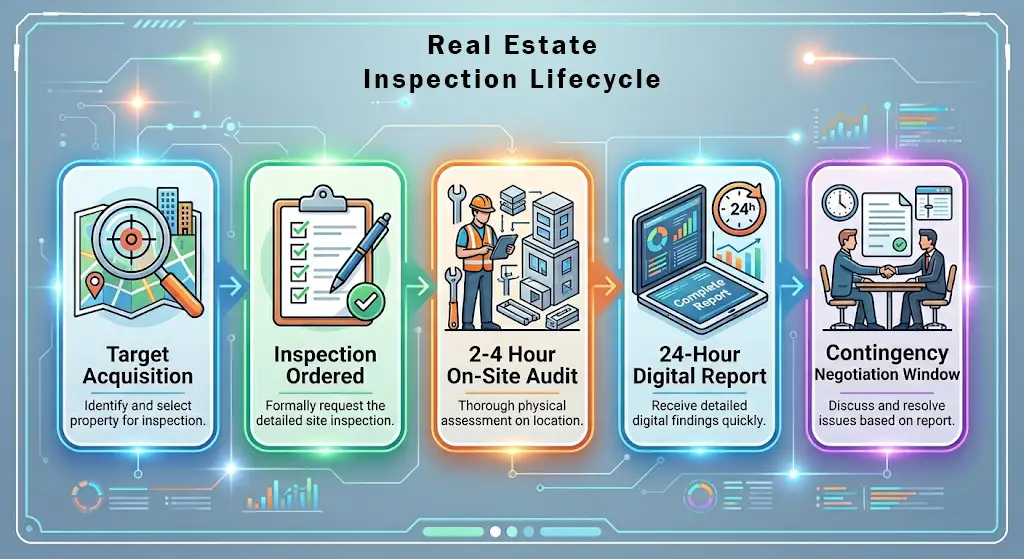 Infographic timeline showing the 5-step property inspection and due diligence process: Target Acquisition, Inspection Ordered, 2-4 Hour On-Site Audit, 24-Hour Digital Report, and Contingency Negotiation Window.