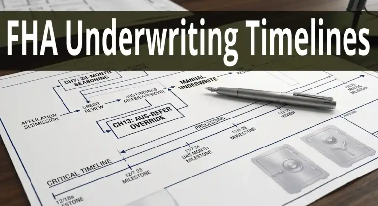 Close-up of a mortgage flow chart blueprint on a dark walnut desk, featuring text for Chapter 7 seasoning, Chapter 13 AUS-refer override, and manual underwriting with a silver fountain pen.